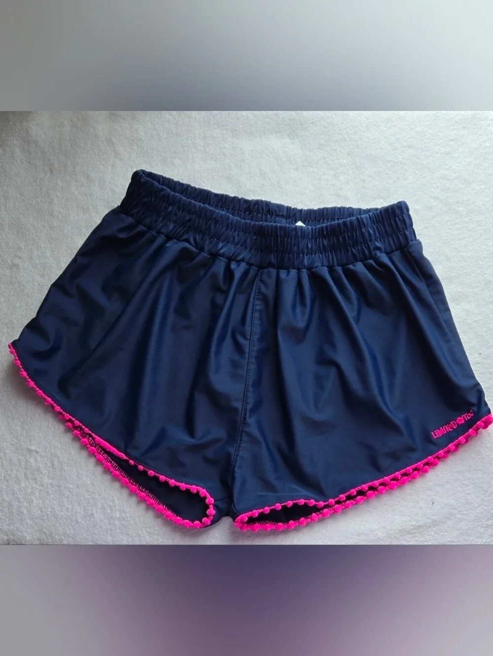 Limited Too Girls Navy Blue Athletic Shorts Pink Pom Pom Trim Size 10/12